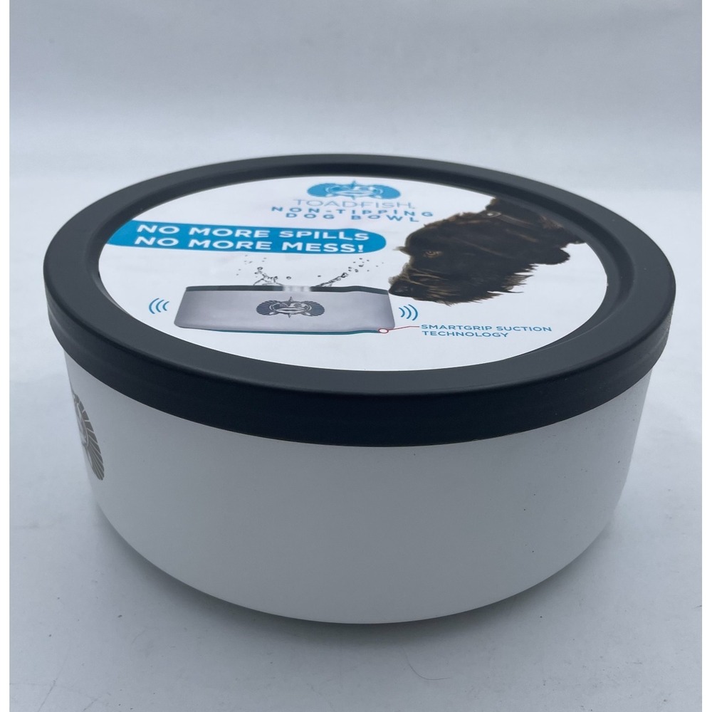 Toadfish Non-Tipping Dog Bowl White Stainless Steel 8 Cups Smartgrip Suction Lid